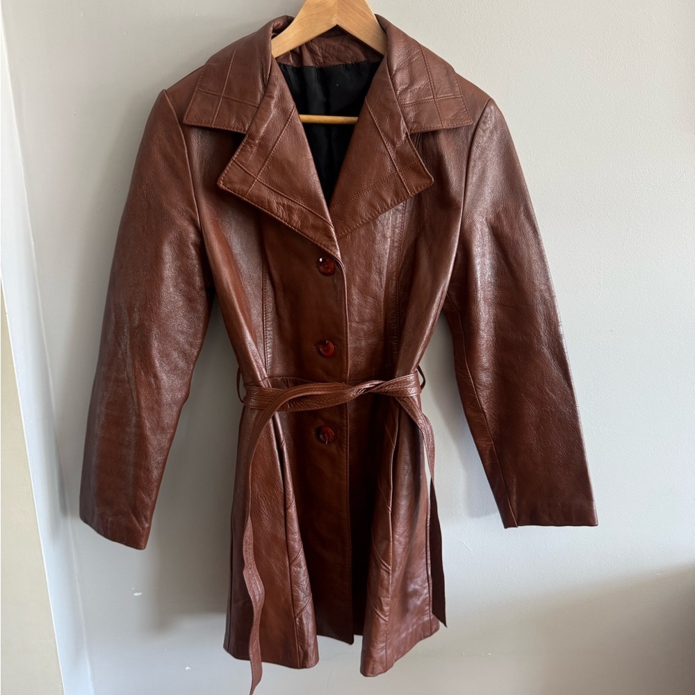 Vintage Brown Leather Belted Coat Fitted Y2K Long Jacket